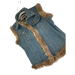 Sisters S Denim Fur Trim Vest Southwest  Embellishments RF10610 EUC